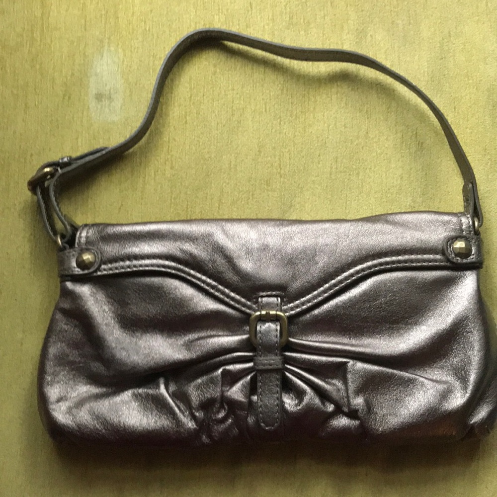 Bronze/pewter metallic leather handbag/clutch
